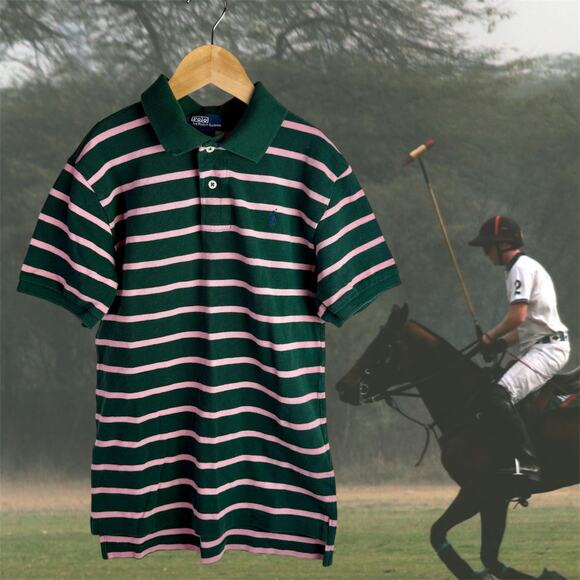 Polo Ralph Lauren Boy's Medium 10-12 Green & Pink Striped 100% Cotton Polo Shirt - Picture 1 of 7